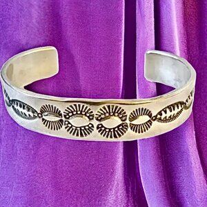 Native American Sterling Silver Cuff Bracelet Signed CM Hand Stamped Tooled 35g